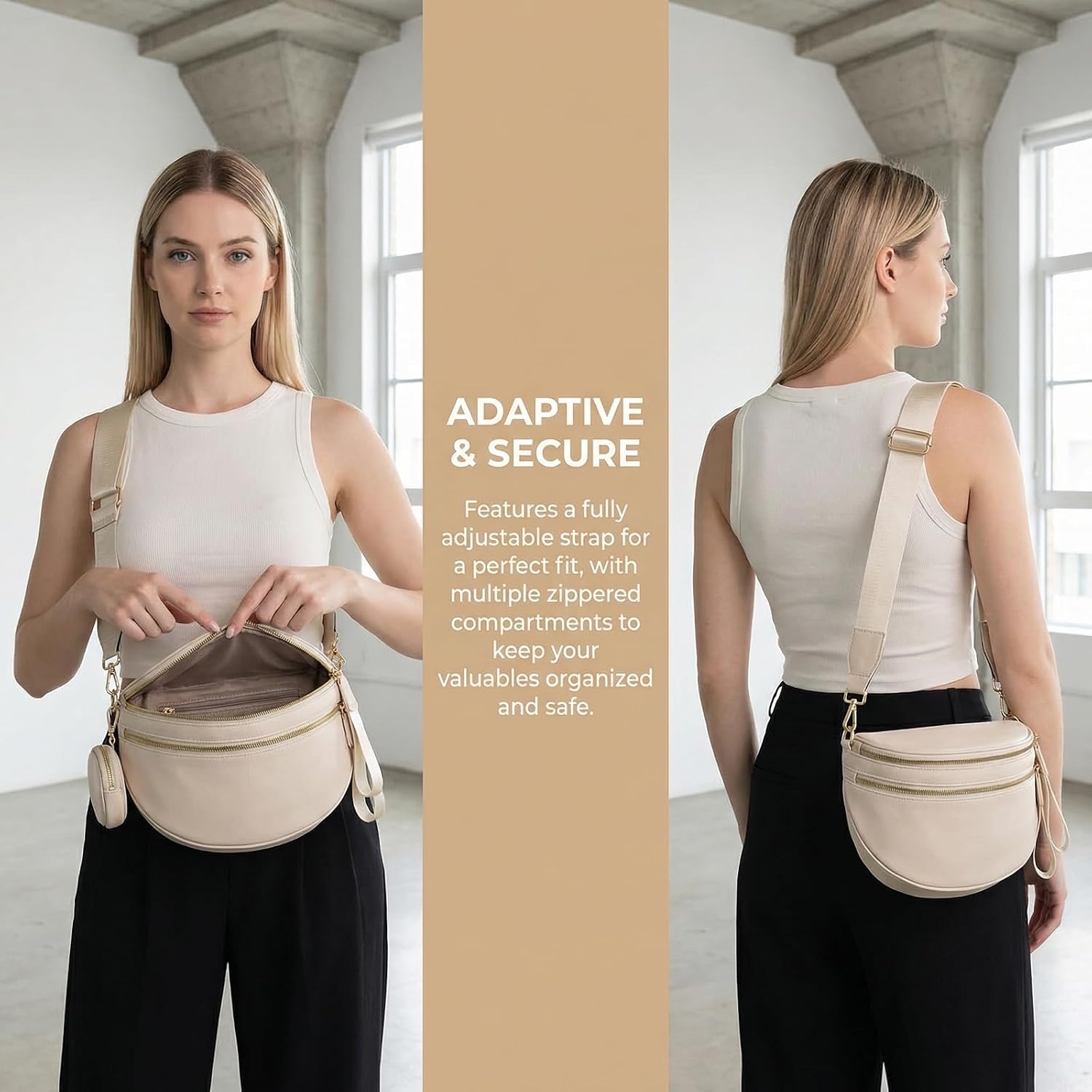 Emmafy Women's Crossbody Bag, Waterproof Oxford Cloth Waist Bag with Adjustable Shoulder Strap (Beige)