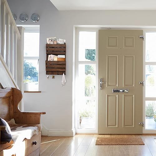 Miniatura 6 de Organizador de correo de pared con 4 ganchos para llaves, clasificador de correo colgante de madera rústica, soporte para llaves de granja para