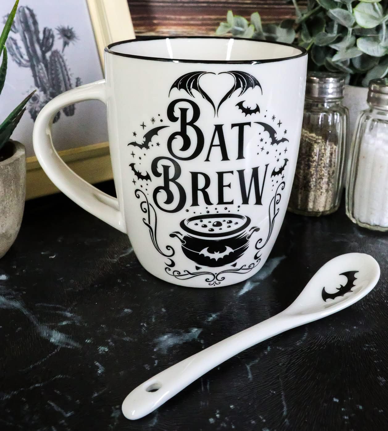 Ebros Gift Wicca Gothic Alchemy Bat Brew Magical Cauldron Dark Spells Porcelain Mug and Spoon Set with Built in Spoon Rest Handle 13oz Coffee Tea Drink Cup Mugs