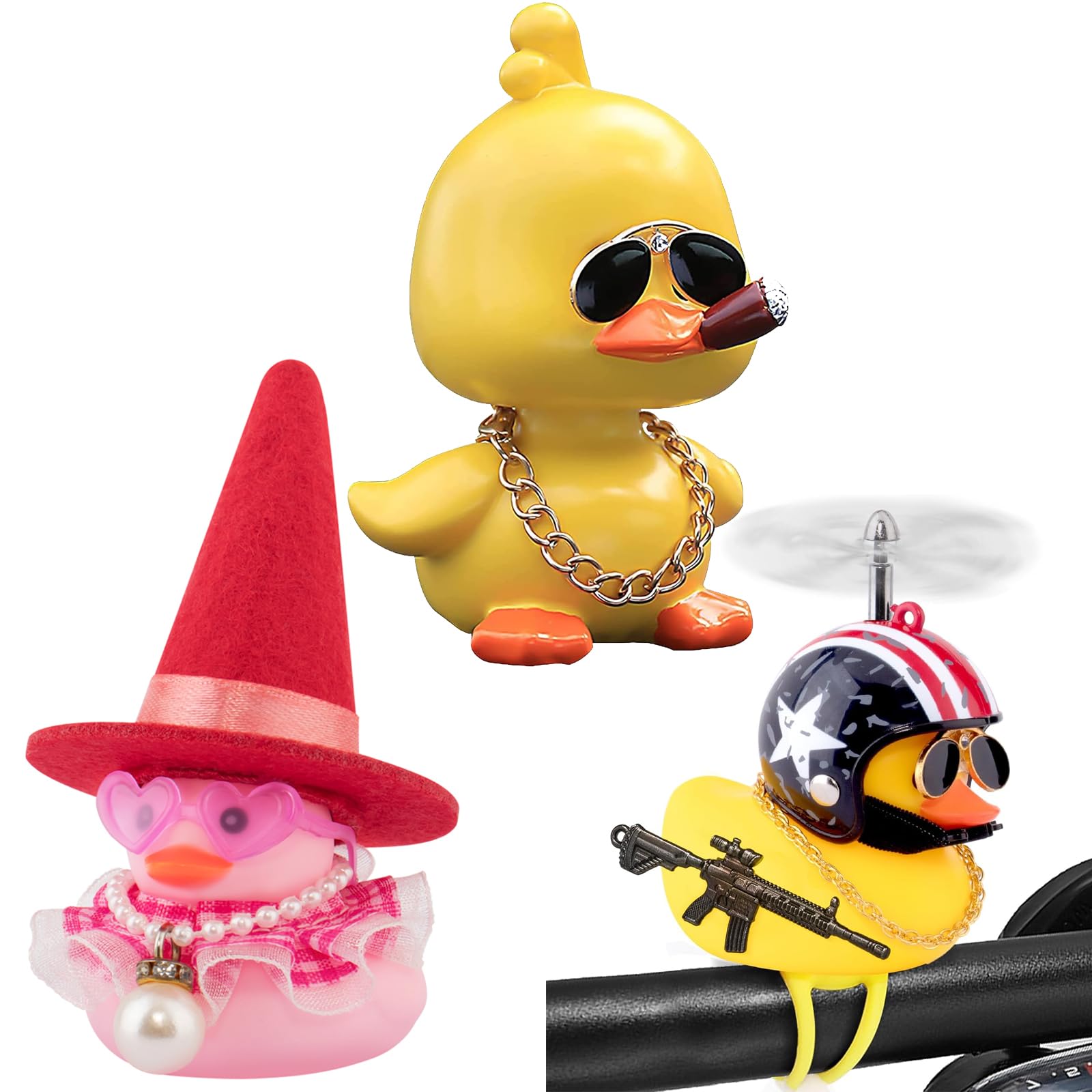 wonuu Princess Rubber Duck with Pink Heart-Shaped Sunglasses Propeller Helmet Rubber Ducky Shaking Head Ducks, Plaid Skirt and Star Flag and Cool Yellow