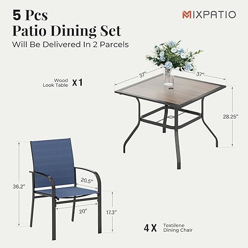 Miniatura 5 de Juego de mesa y sillas de patio de 5 piezas, juego de muebles de comedor al aire libre para 4 personas, 4 sillas de textileno azul y mesa de mesa