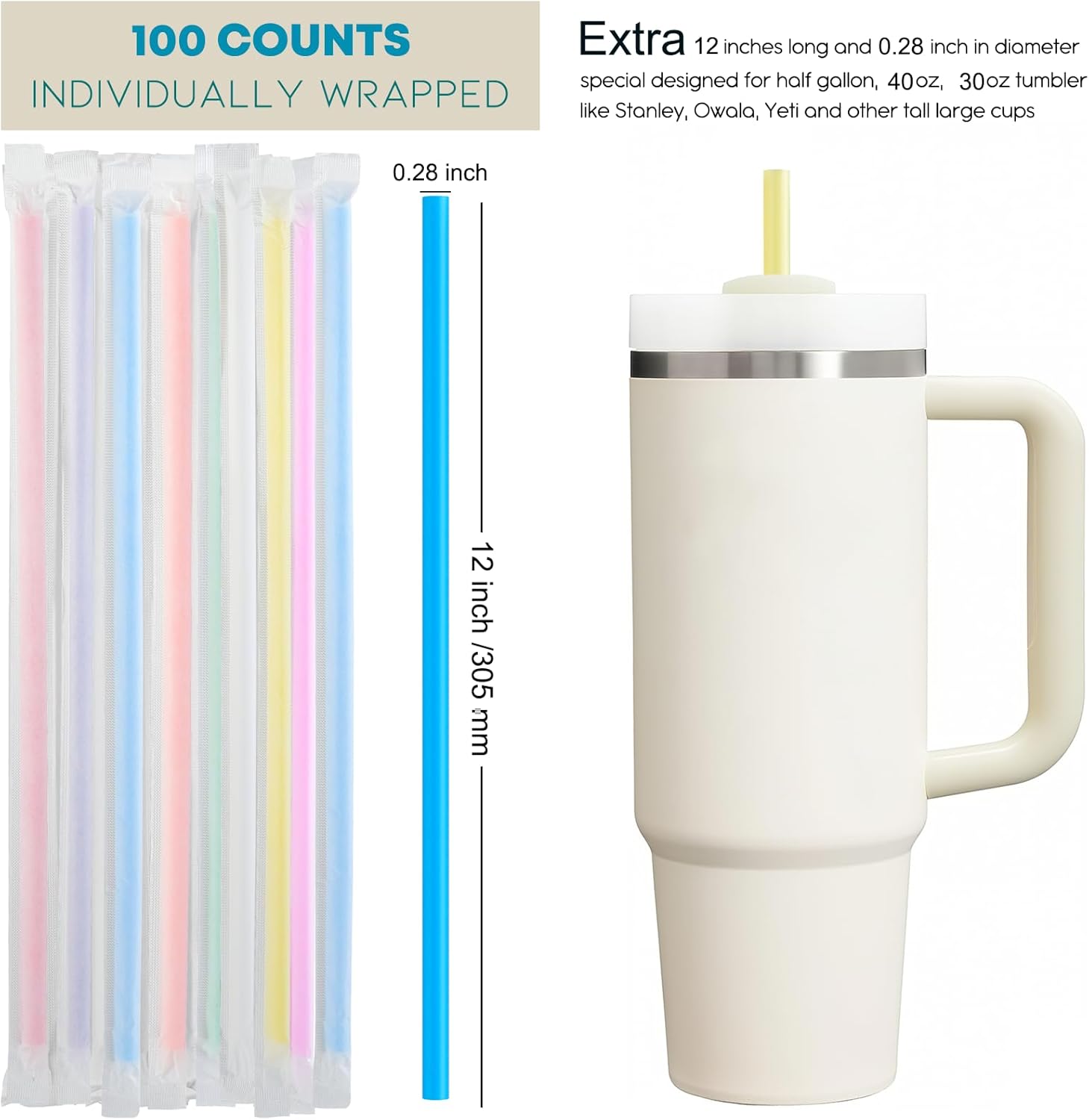 ALINK 100 Pcs Long Disposable Straws for Stanley 40 oz 30 oz Tumbler, 12 inch Colorful Plastic Straws for Stanley, Owala, Yeti 40 OZ 30 OZ Cup, Individually Wrapped - Image 2