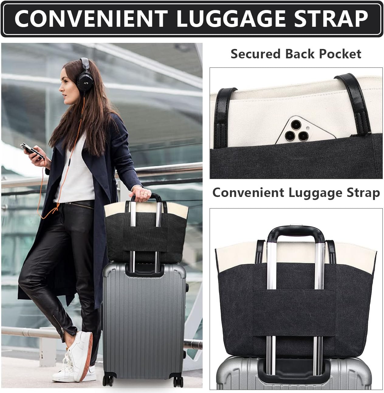 RAVUO Tote Bag for Women, Water Resistant 2PCS Set 15.6 Inch Laptop Travelling Bags Work Teacher Purse W Portable Pouch