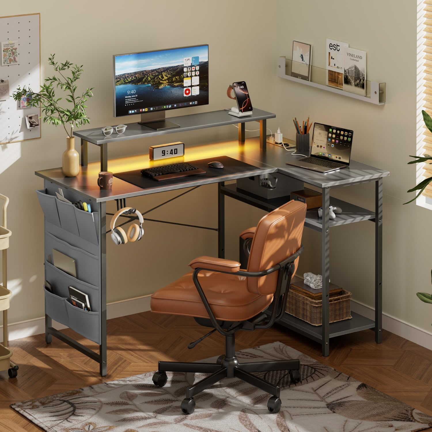 SOLAVERO Bureau Gaming en L LED, 110 x 80 cm, avec Rangement, Gris