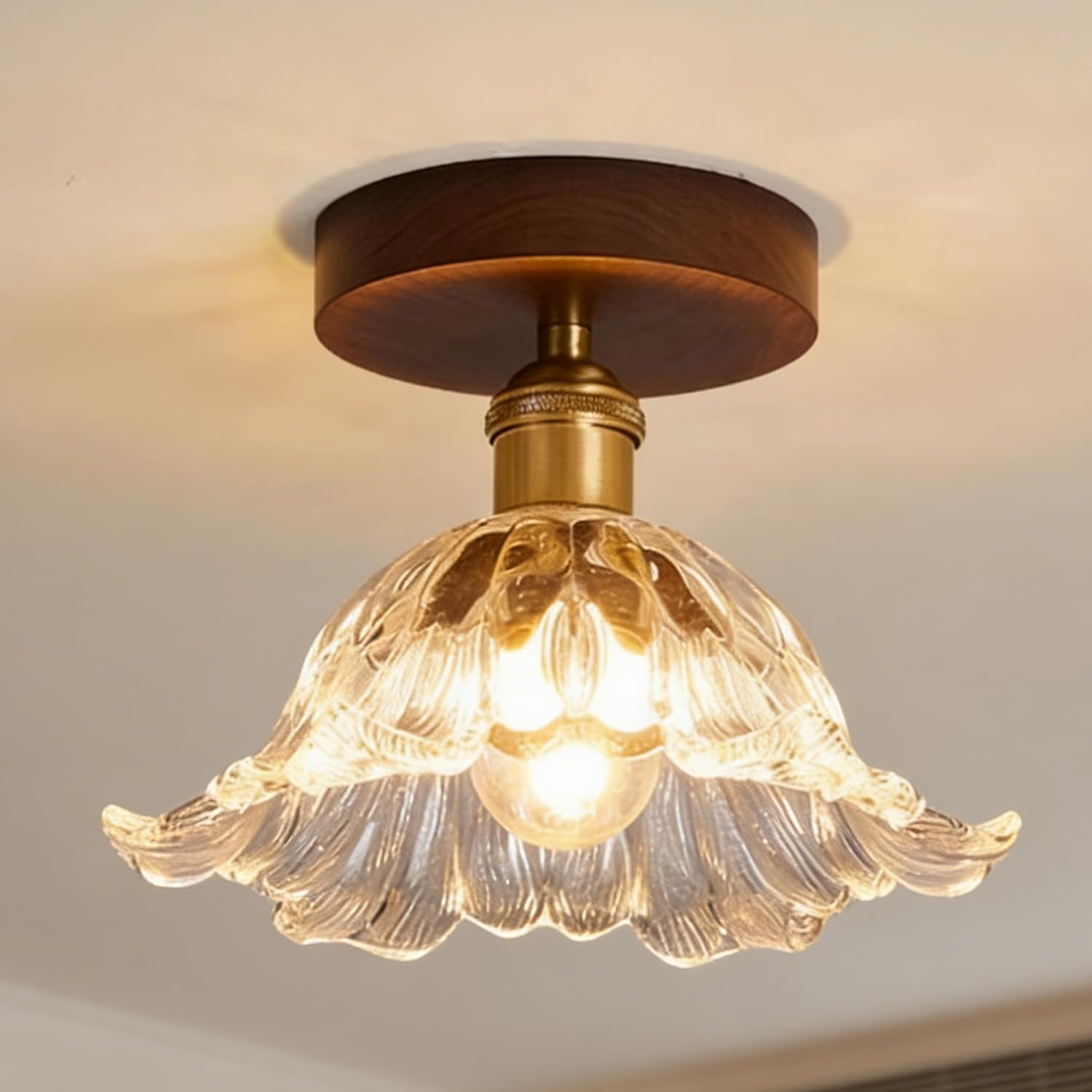 Semi Flush Mount Ceiling Light, Flower Ceiling Light Fixture, Wood Kitchen Ceiling Lights with Glass Shade, Vintage Lighting for Bedroom Bathroom Entryway Hallway, Included Bulb
