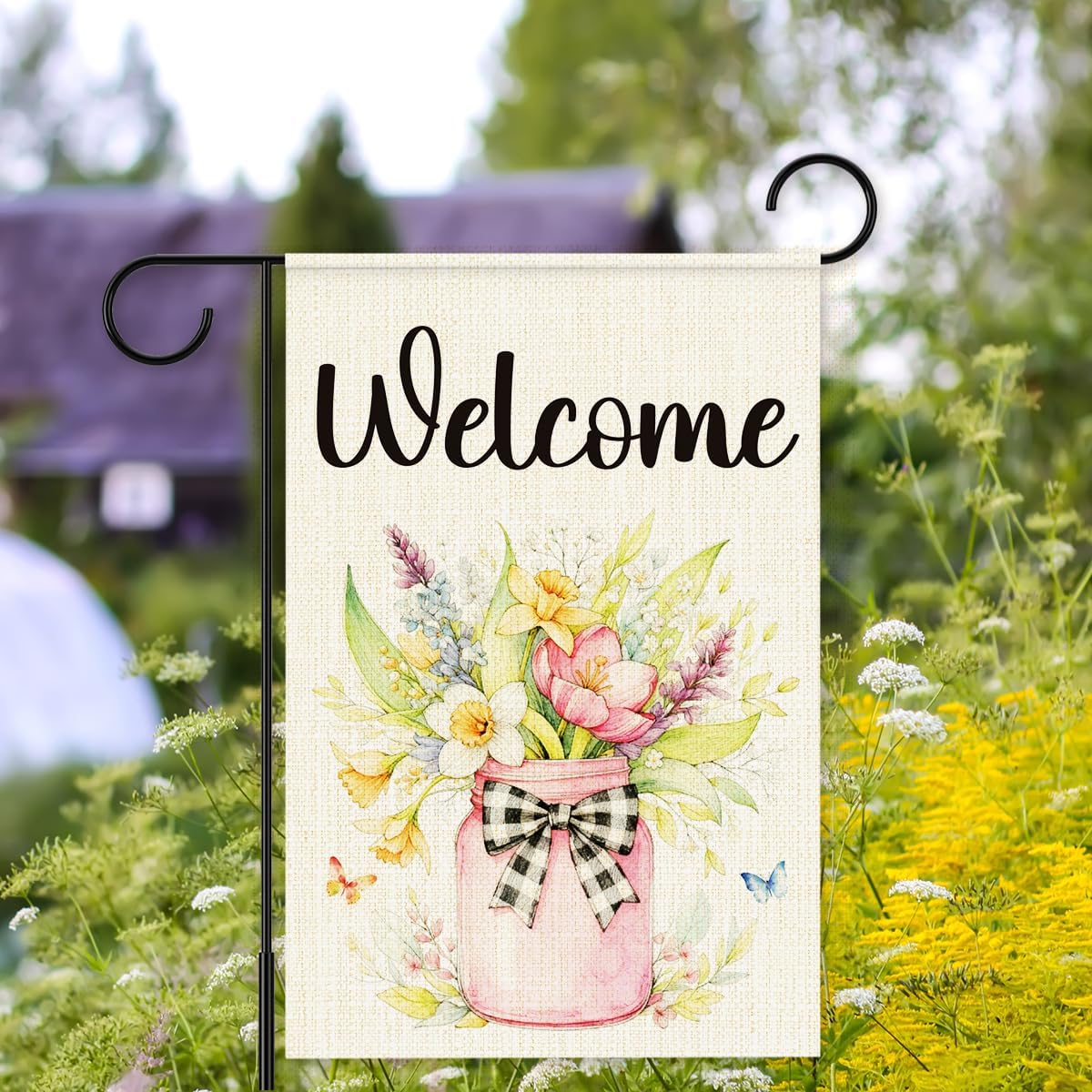 Welcome Spring Garden Flag, Spring Summer Flowers Garden Flag for Outside, Floral Buffalo Plaid Bowknot Farmhouse Yard Lawn Porch Flags for Outside Decor 12x18 Inch Double Sided - Image 5