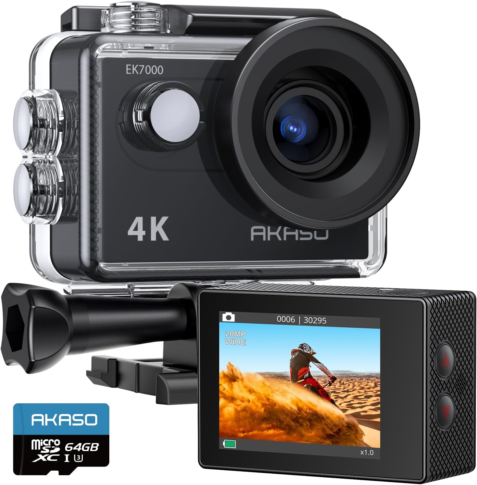 AKASO EK7000 4K30FPS 20MP Action Camera with 64GB microSDXC Memory Card 4k Ultra HD Camera Underwater 131FT Waterproof Camera 170 Degree Wide Angle Support External Microphone