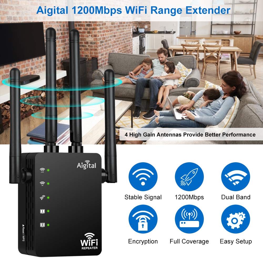 Répéteur WiFi Longue portée, Amplificateur WiFi AC1200 Double Bande 2.4GHz et 5GHz avec 4 Antennes Externes, Wifi Extender Mini Puissant avec 2 Port Ethernet, jusqu'à 120㎡ compatible toutes Box