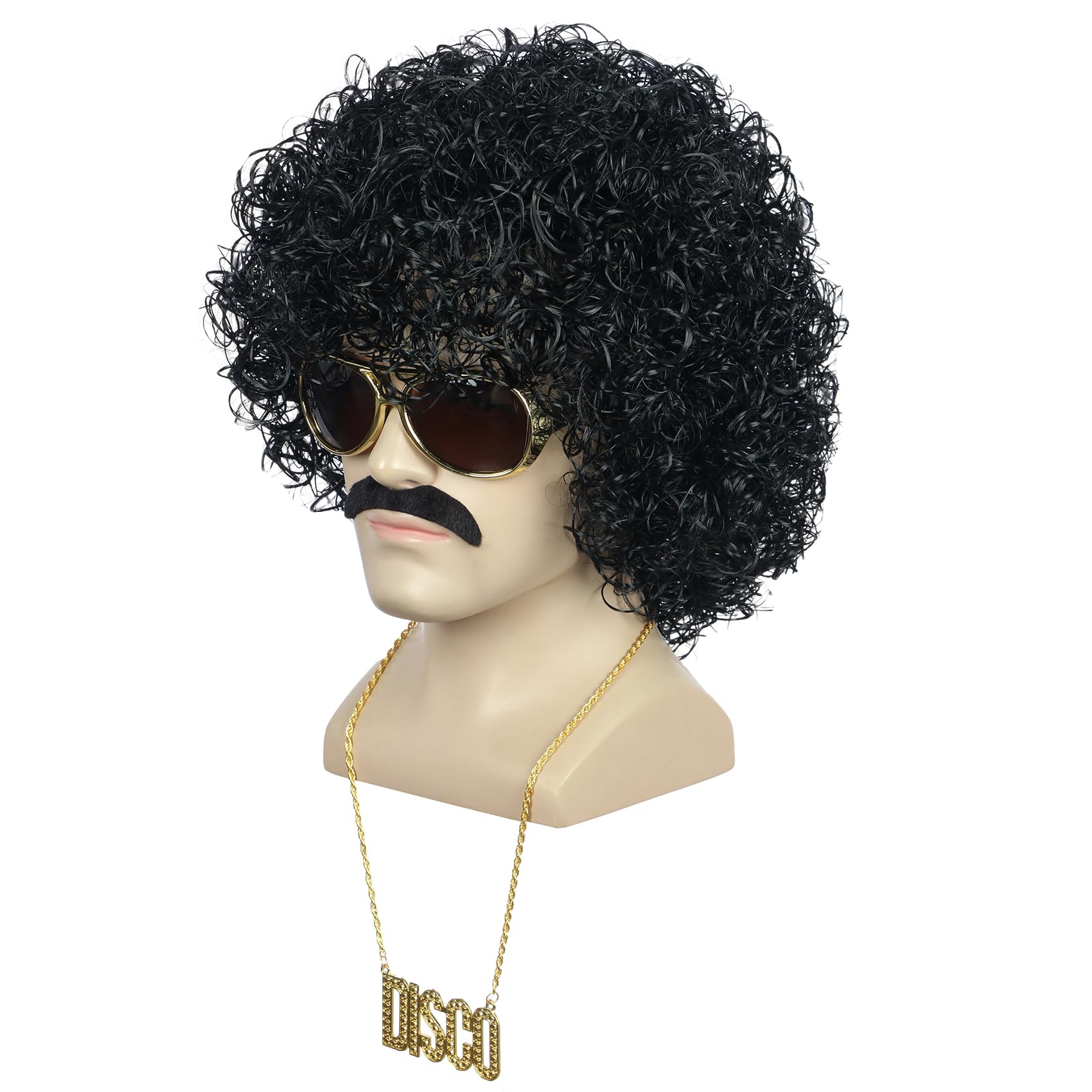 Yuehong Black Curly Fluffy Jumbo 70s Afro Wig 80s Rocker Disco Party Costume Hair Heat Resistant Synthetic Fibers Soft Durable Breathable Wig with Mustache Necklace and Glasses - Image 3