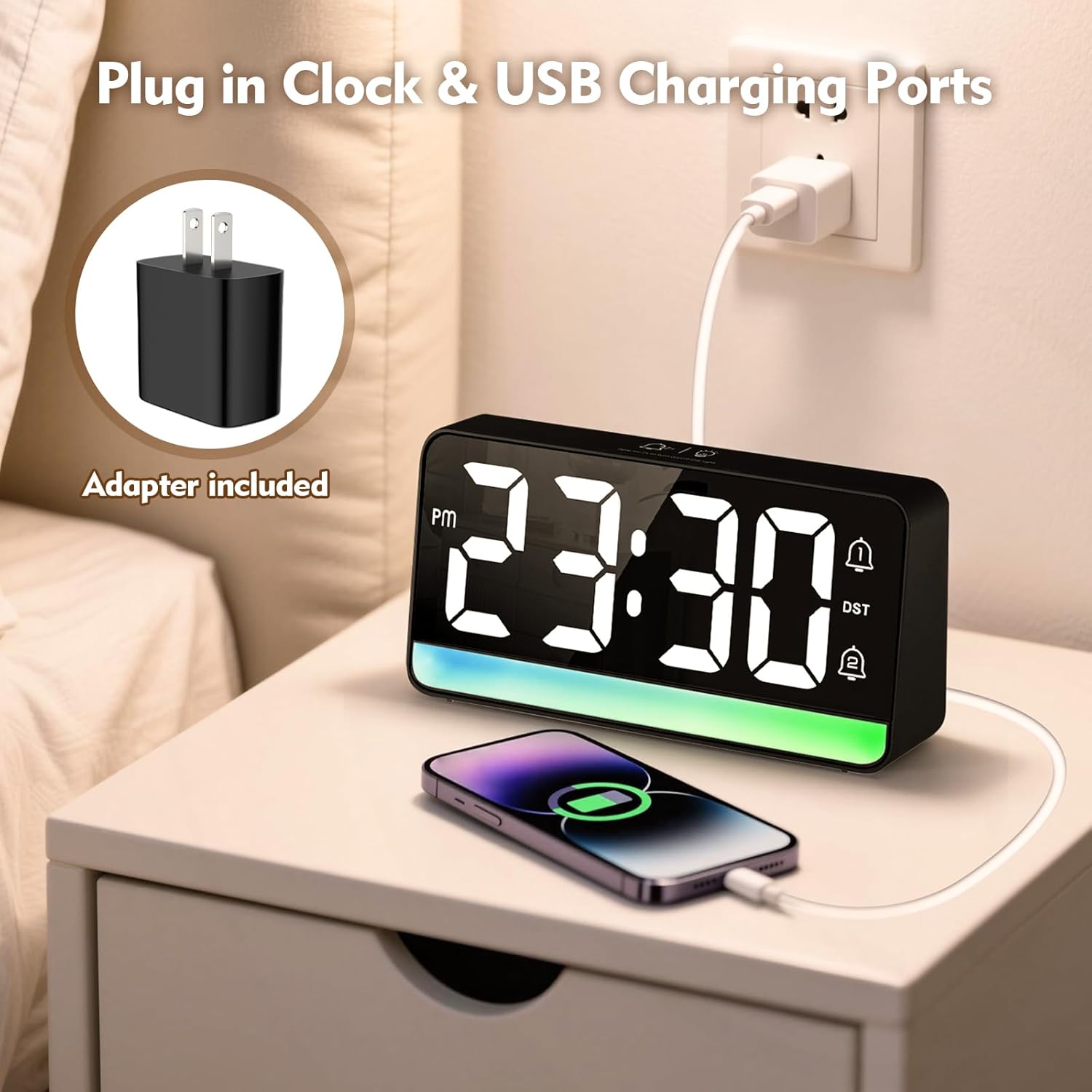 ALANAS 7 Large Digital Alarm Clock with RGB Color Changing Night Light，Dual Alarms, USB Charging, Snooze, Adjustable Brightness, Loud for Heavy Sleepers for Bedroom, Desk, Kids, Teens, Adults