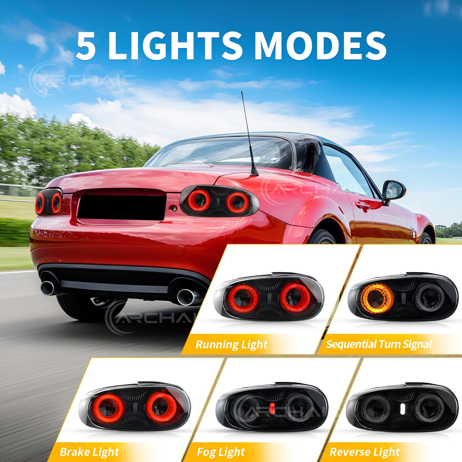 Archaic Tail Lights Compatible for Mazda MX-5 MK3 Miata NC1 NC2 NC3 2005-2015,w /3D Animation DRL,JDM Design Taillights