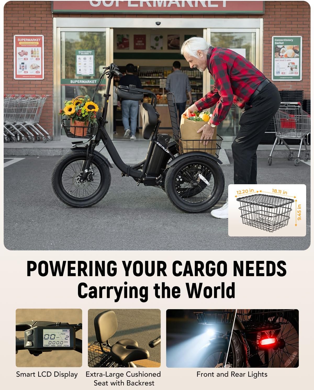 T10 Electric Trike Bike, 1200W Brushless Motor Folding Trike Ebike, 48V 10.4AH Removable Battery, Step-Thru 3 Wheel Electric Bicycle, Up to 55 Miles, 18MPH, 20" Tire Tricycle for Adults