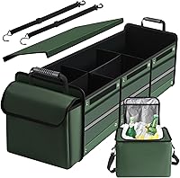 CarTrunkOrganizer 115L Heavy Duty Collapsible Car Trunk Organizer w/ Insulated Leakproof Cooler Bag, Lid, 3 Compartments & Straps - Green