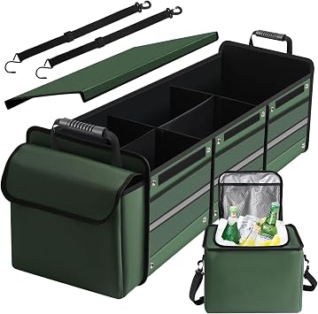 Car Trunk Organizer,115L Heavy Duty Collapsible Car Trunk Storage Organizer, with Insulated Leakproof Cooler Bag Car Cargo Trunk Organizer with Lid, 3 Compartments, Straps For Car Suv,Jeep,Sedan-Green | Insulated Leakproof Cooler Bag with Lid, 3 Compartments,High Capacity with Straps For Car,Suv,Jeep,Sedan-Green