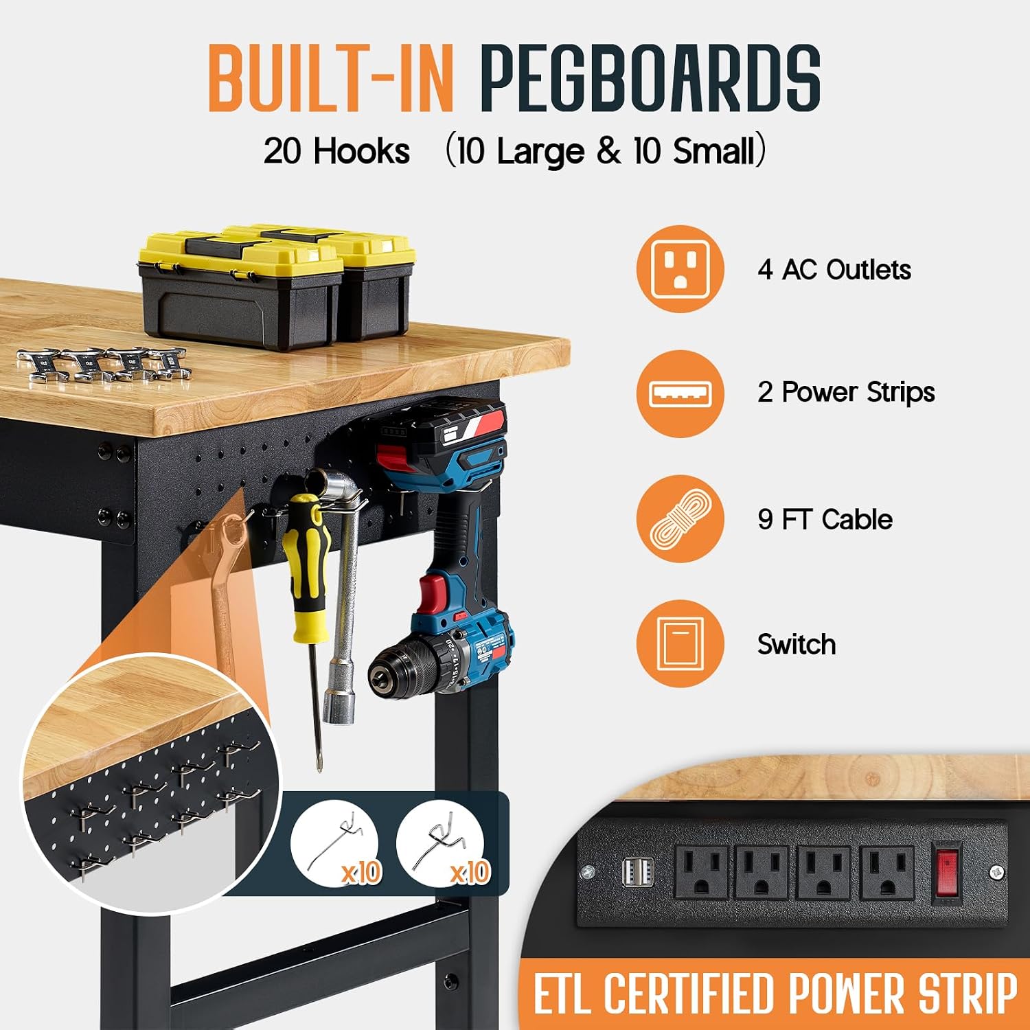  96-Inch Black Adjustable Heavy-Duty Workbench | 6000 Lbs Capacity, Rubber Wood Top, 4 AC Outlets and 2 USB Ports, for Garage, Workshop and Office thumbnail
