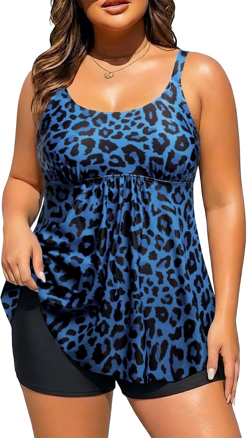 Holipick Plus Size 2 Piece Swimsuit - Women Tankini Bathing Suits Flowy Swim Top with Boy Shorts