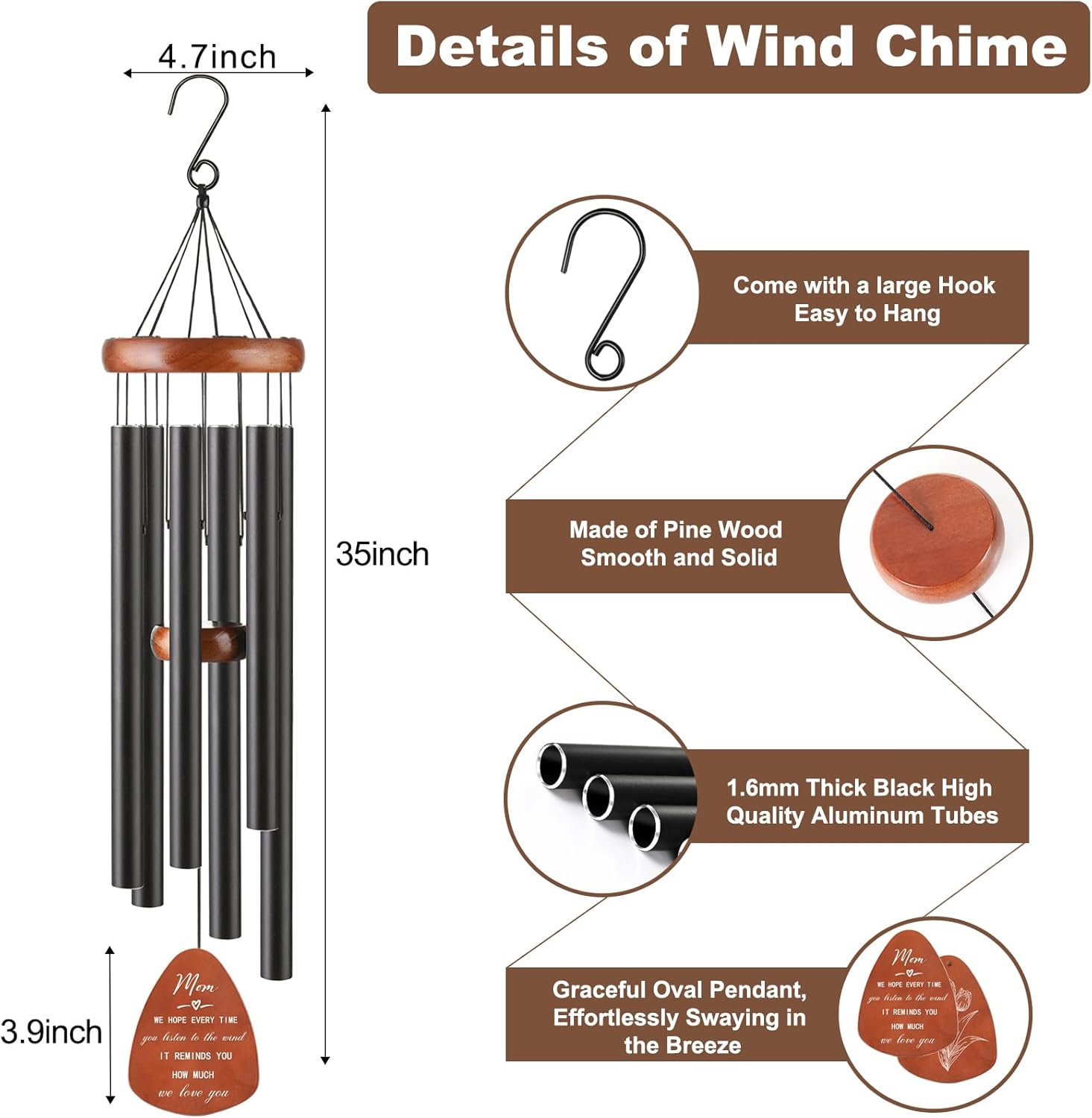 Gifts for Mother, Large Wind Chimes for Mom, Birthday Gifts from Daughter & Son, Mother Gift for Christmas, Thanksgiving & Mother’s Day, Best Mom Ever Home Decor Outdoor Garden Gift, Black