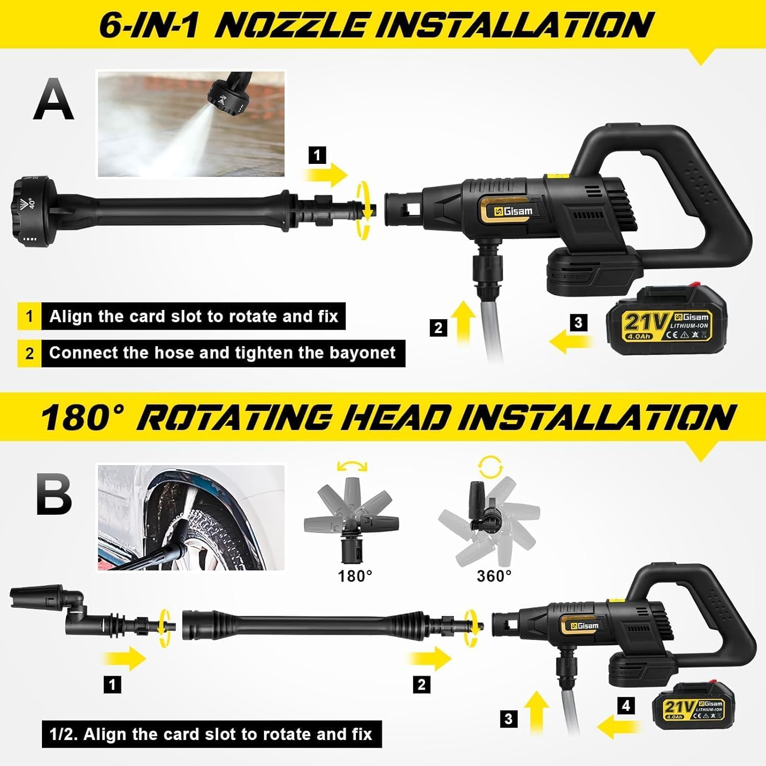 highsam Pressure Washer - Limpiador de alta presión con 3 velocidades (65 bar, con 2 pilas de 4,0 Ah, boquilla giratoria de 180°, pulverizador de espuma, manguera de 5 m, riego de limpieza)