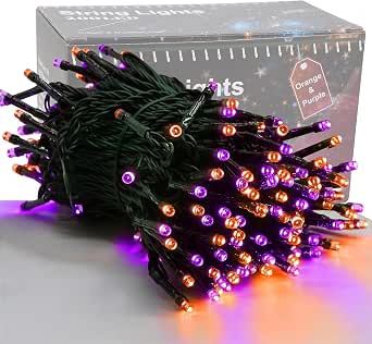 Halloween String Lights, 66 ft, 200 LEDs, Green Wire, 8 Modes, Waterproof Fairy Mini Lights for Indoor/Outdoor Decorations (Orange & Purple)