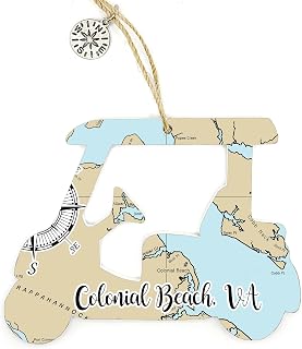 Colonial Beach, VA Golf Cart Shaped Wood Map Ornament | 4.5” Tall Wood Hanging Map Ornament with Artwork & Compass Charm | Perfect for Wine Bottles, Gift Bags, Home Decor or to Accent Christmas Tree
