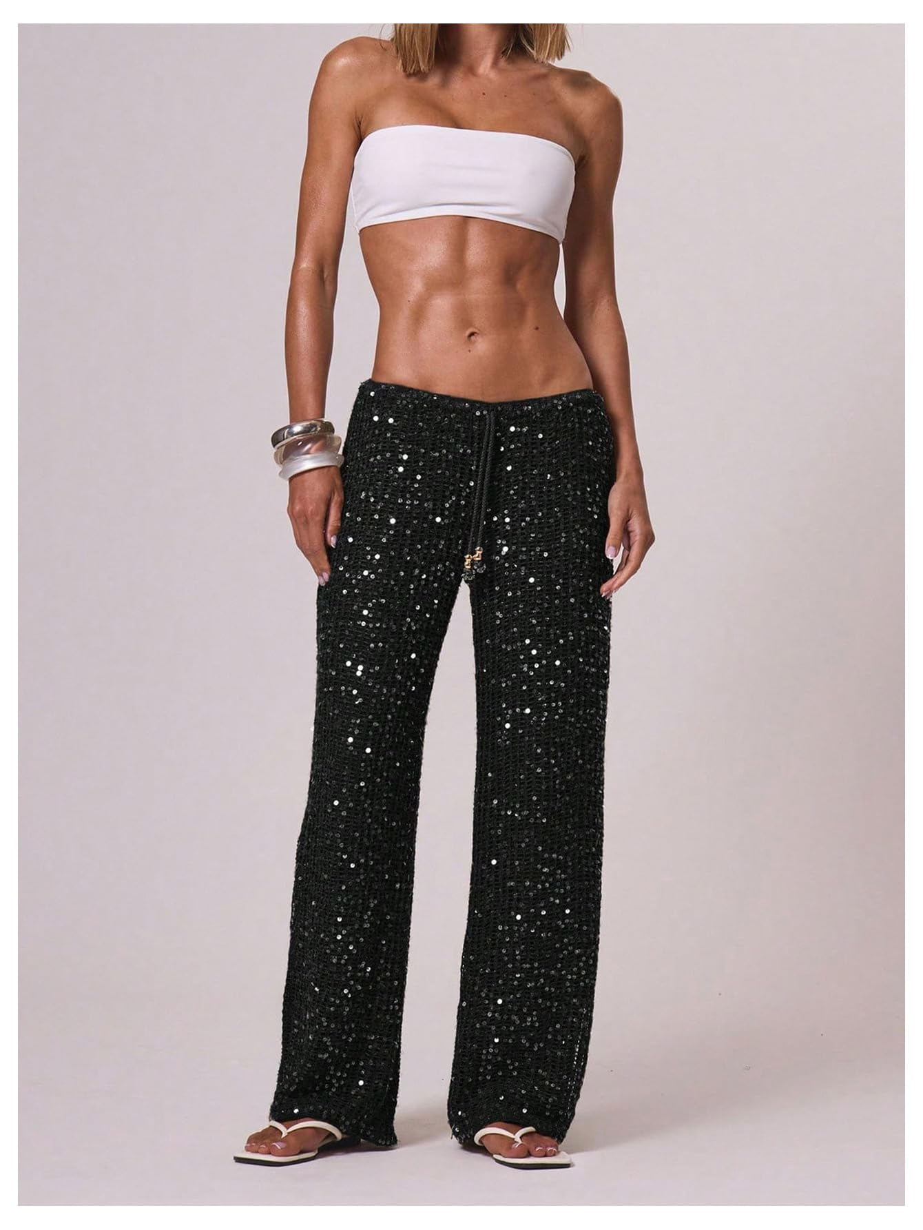 Pantaloni Copricostume all'Uncinetto con Paillettes da Donna Spiaggia Scavati Costumi Bagno Marrone X-Small
