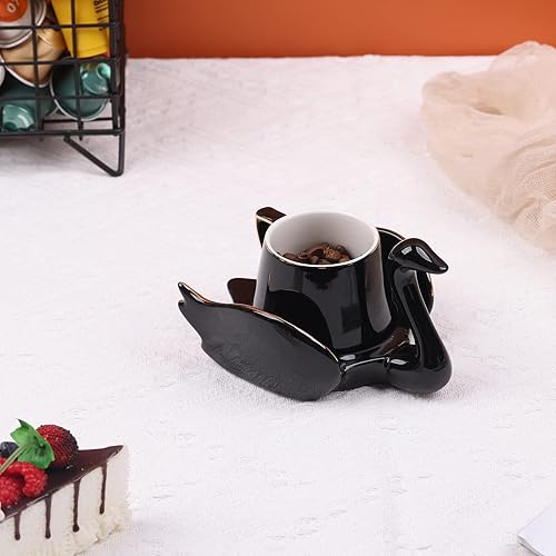 Miniatura 5 de XIYOUQI Taza de café de cerámica, taza de café de cerámica negra, taza de té de cerámica única de cisne, mini taza con platillo de cisne, novedoso y