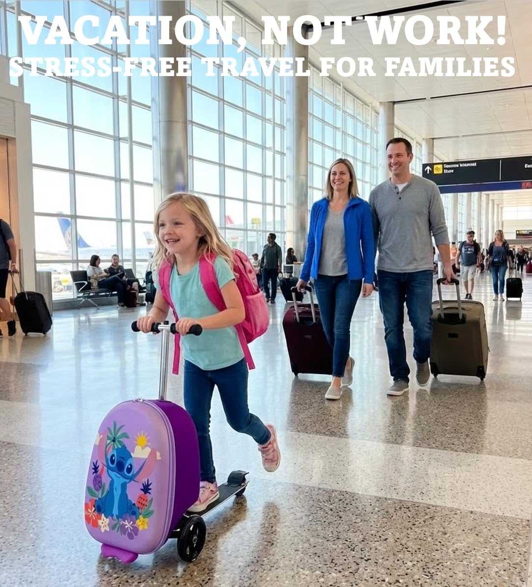 Disney Stitch 2-in-1 Kids Scooter Suitcase & Ride-On Carry-On Luggage –Lightweight Carry-On Travel Case with Built-in Kick Scooter (Stitch)