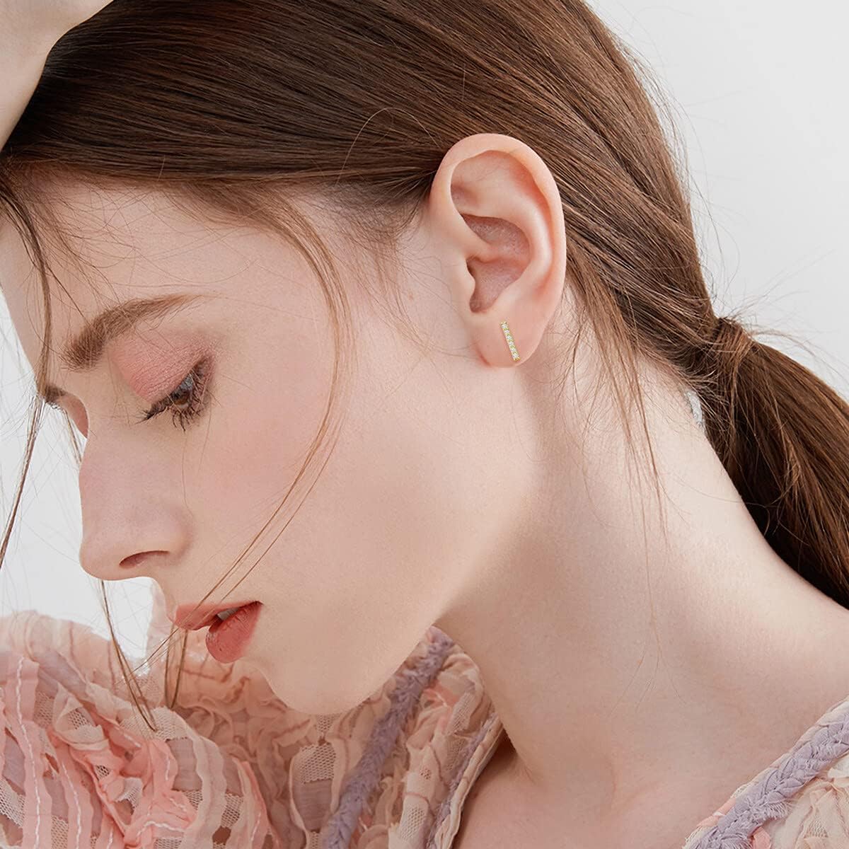 14k Gold Created Moissanite Bar Earrings for Women, Fine 14kt Gold Stud Earrings for Her