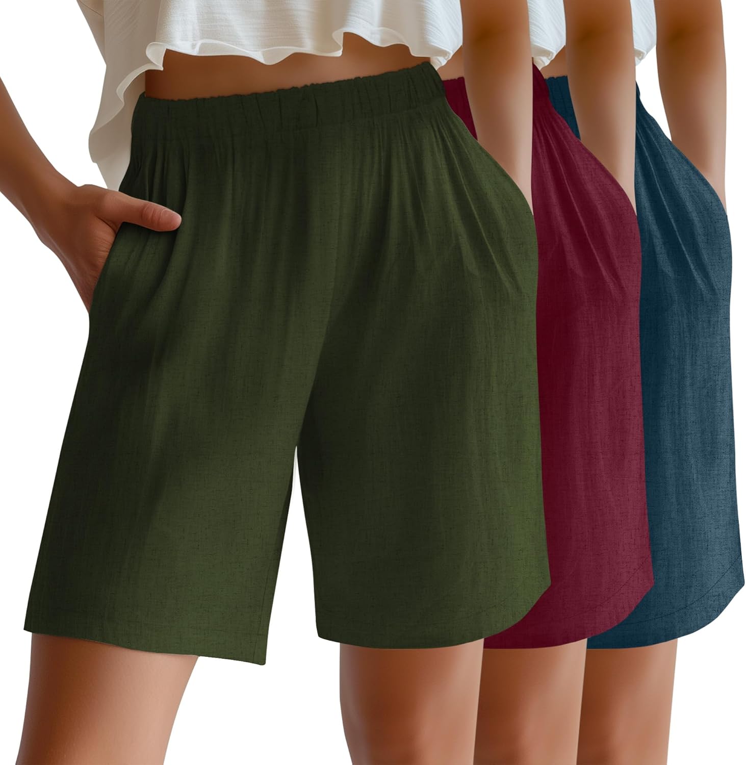 Riyiper 3 Pack Women's Linen Shorts Elastic High Waist Bermuda Wide Leg Summer Casual Lounge Short with Pockets