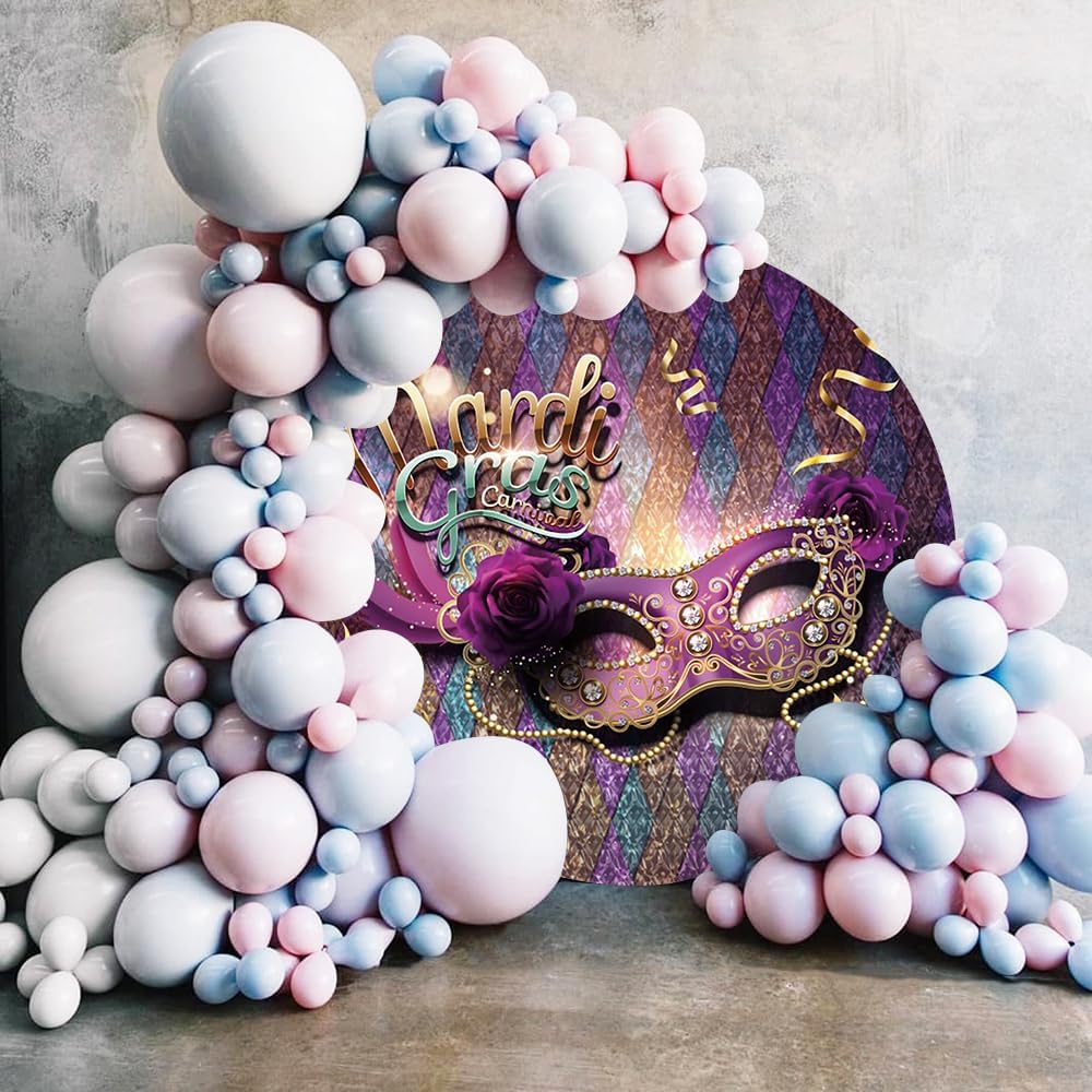 Renaiss 7x7ft Mardi Gras Round Backdrop Covers for Photoshoot Portrait Golden Purple Diamond Check Rose Mask Circle Photography Background Masquerade Carnival Dress-up Party Decor Photo Booth Prop