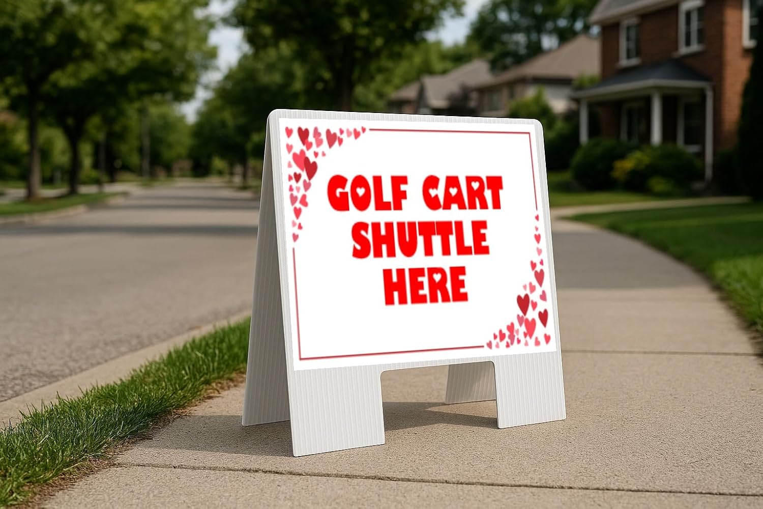 Golf Cart Shuttle Here Red Frame With Hearts A-Frame Double Sided 23x23 in. sign
