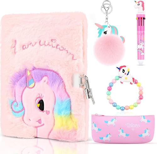 Miniatura 1 de Juego de cuadernos de peluche con diseño de unicornio y perro, cuaderno esponjoso para niñas, diario privado, bloc de notas con candado, bolígrafo