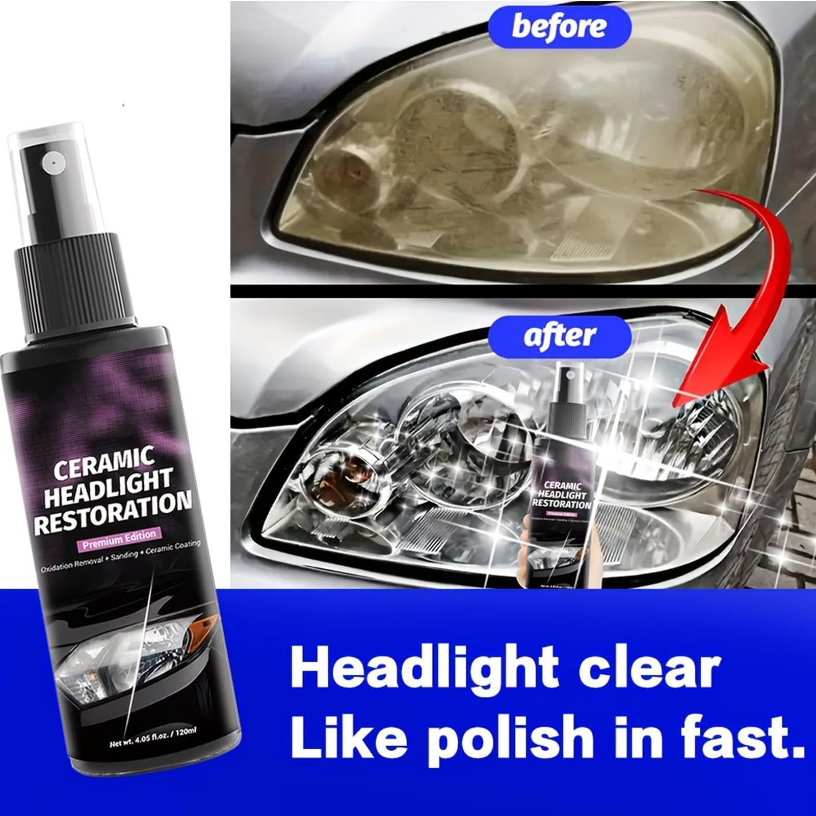 Rénovateur Phare Voiture Spray 120ml, Kit de Restauration Optique Céramique Haute Brillance, Élimine l'Oxydation et le Jaunissement, Protection UV Longue Durée pour Phares, Feux Arrière et Plastiques