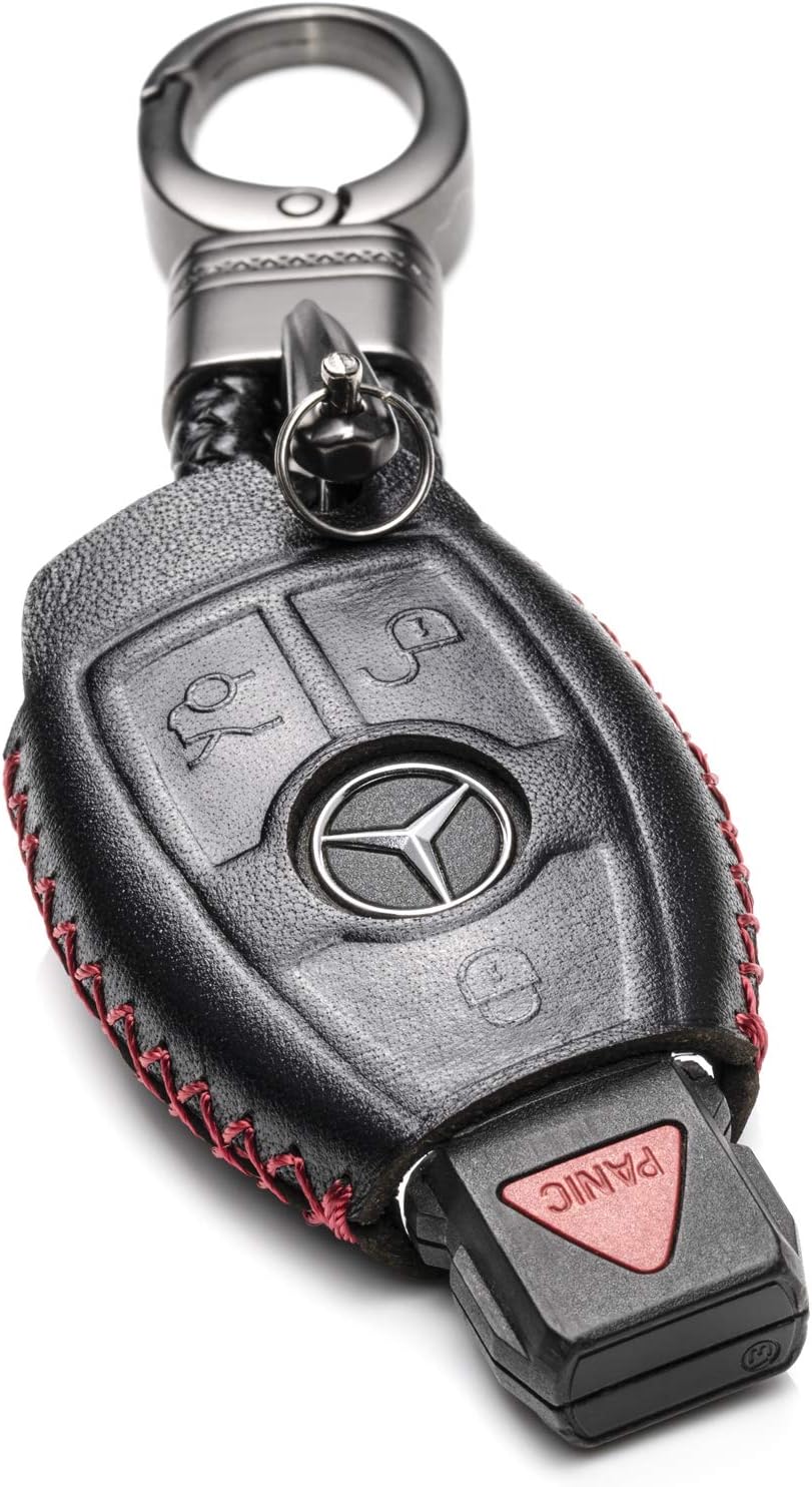 Vitodeco Genuine Leather Keyless Smart Key Fob Case Cover Compatible with Mercedes-Benz C E S M CLS CLK GLK GL Class (3-Button, Black/Red)