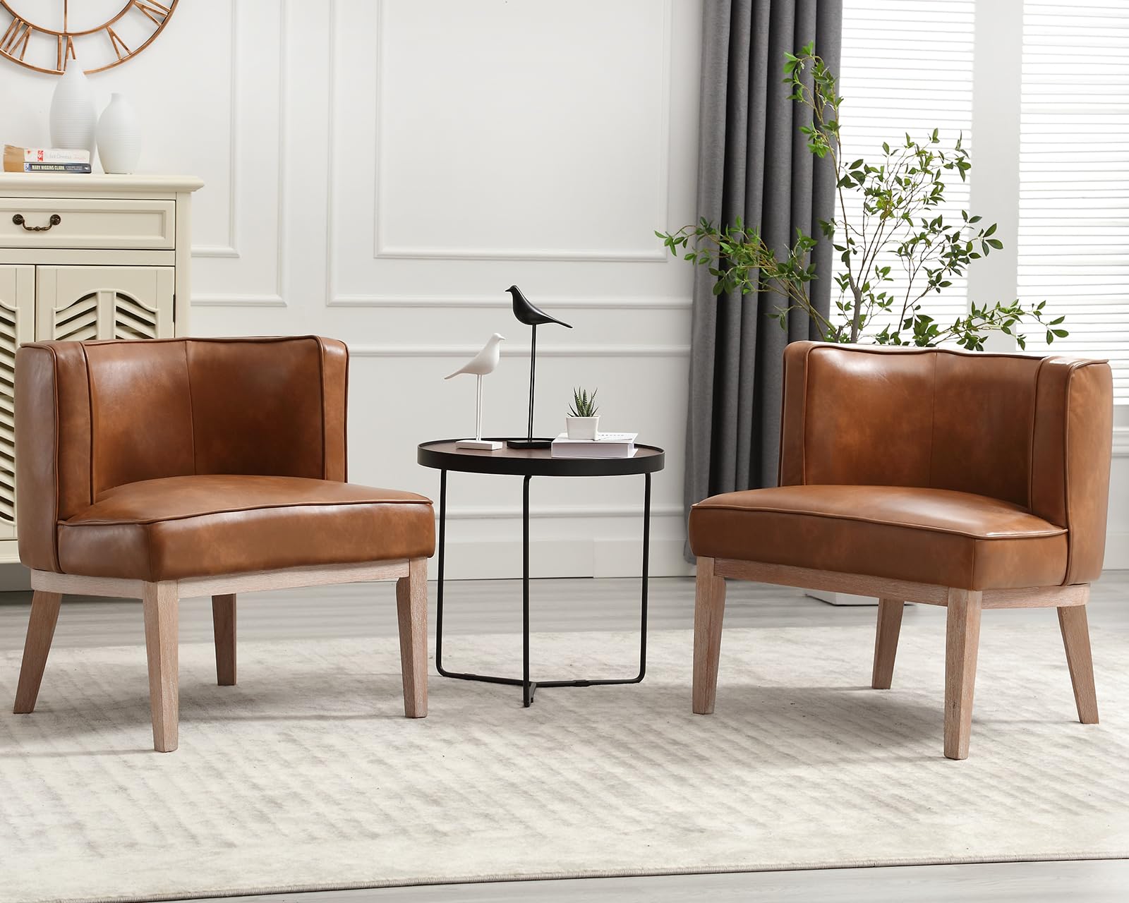 Barrel Chairs Set of Mid Century Modern Accent Chairs with Solid Wood Leg  Upholstered Reading Arm Chair Faux Leather Waiting Room Round Side Chairs