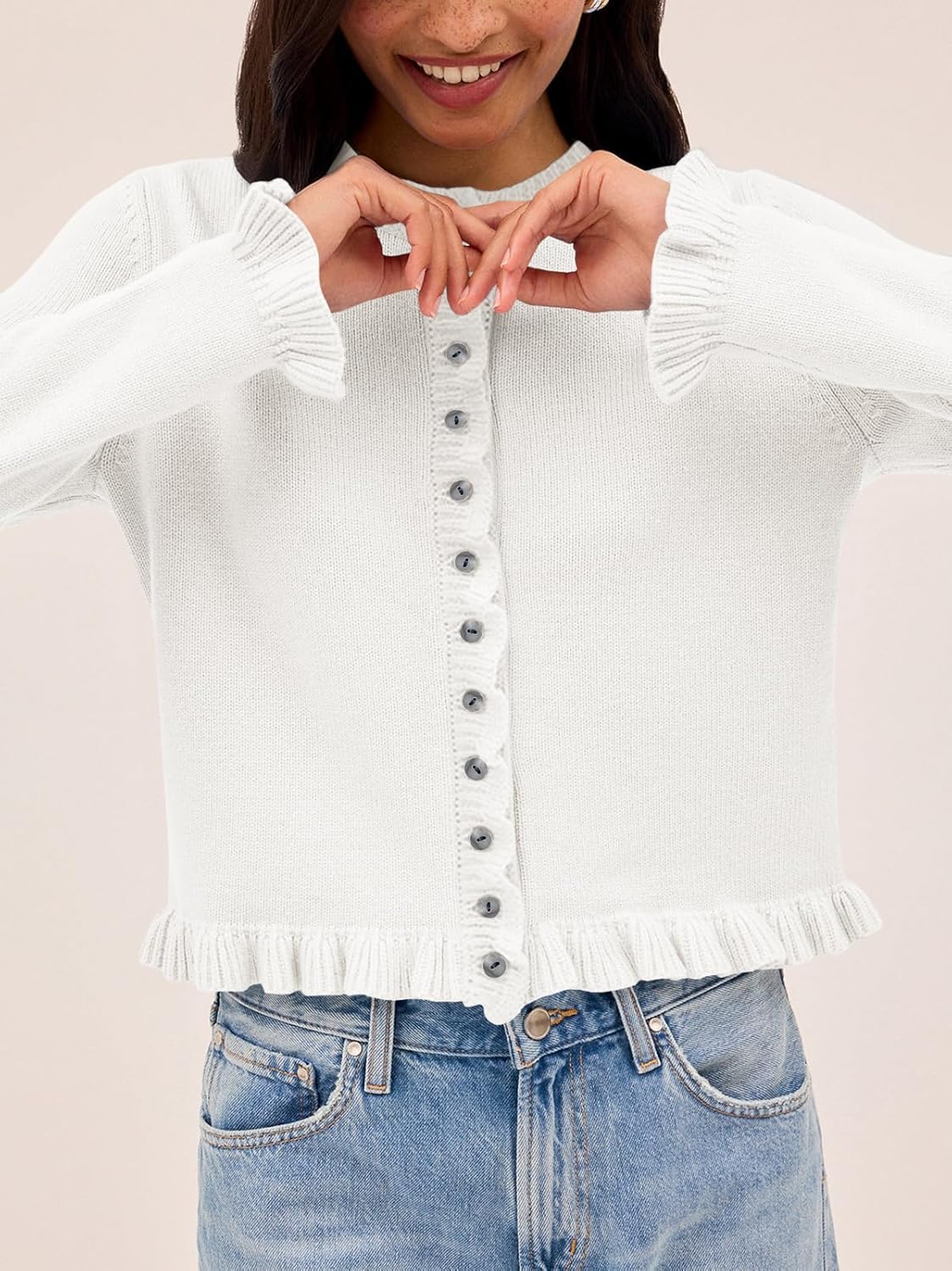 Balimtoy Womens Cropped Ruffle Cardigan Lightweight Crewneck Long Sleeve Button Down Cotton Fall Sweaters Cute Knit Top - Image 2