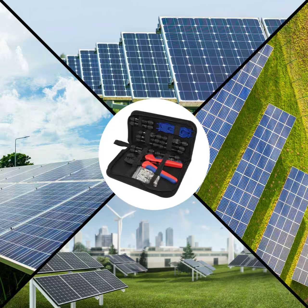 Pince à Sertir Cosse Electrique pour Câbles PV de 2,5/4/6 mm², Outils de Sertissage Solaires, avec 1 Pince MC4, 12 Paires de Connecteurs Solaires et 2 Clés, pour Panneau Solaire Câble