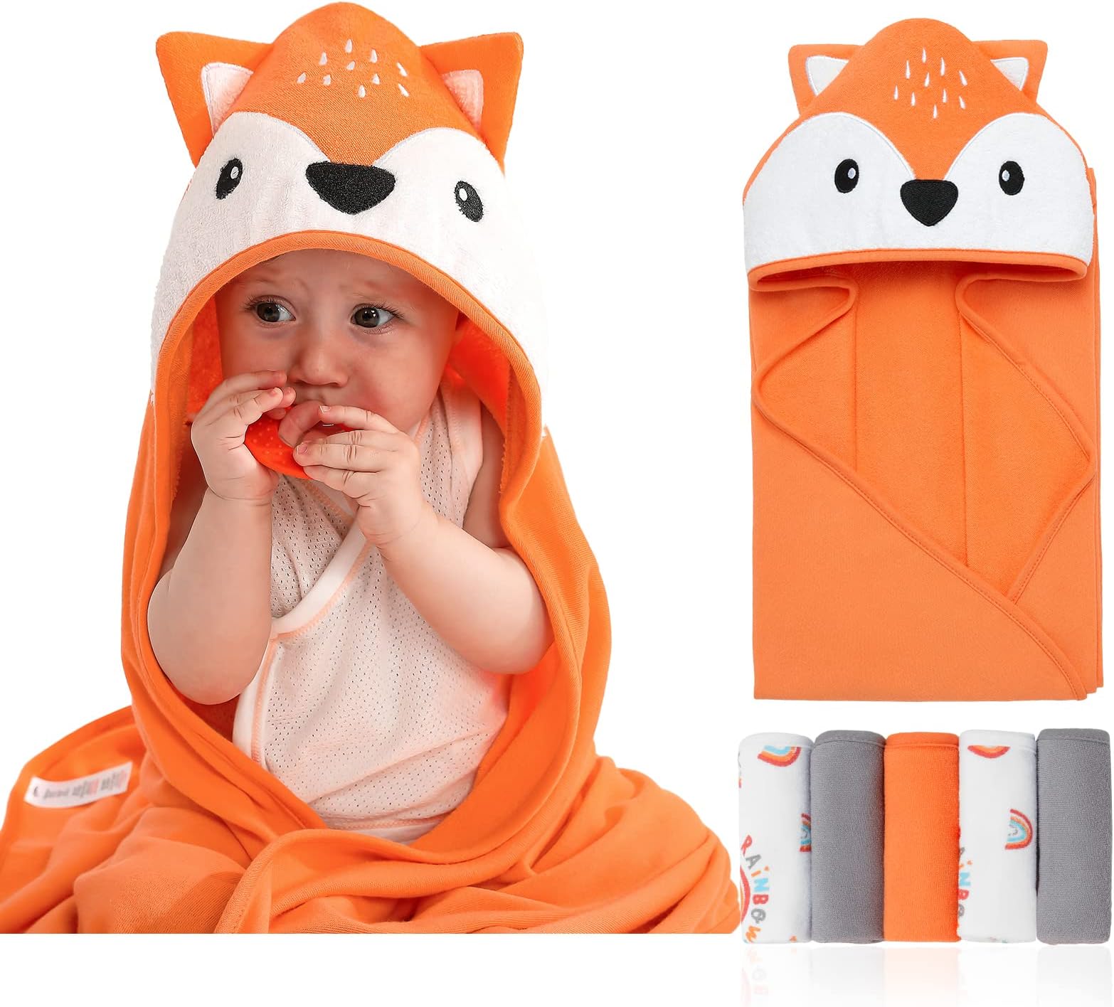 Fox Style Rayon Baby Hooded Bath Towel & Washing Glove Set Size 40x28”, Soft and