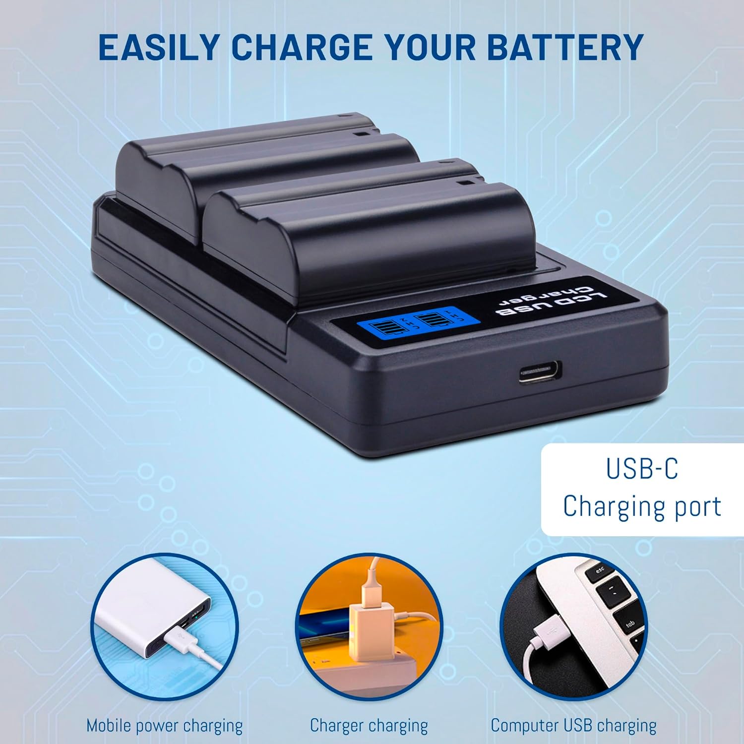 EN-EL15 /EL15A/EL15B/EL15C 2-Pack Batteries with USB Dual Charger Compatible with Nikon Z6 Z7 D500 D600 D610 D750 D780 D800 D800E D810 D810A D850 D7000 D7100 D7200 D7500 Cameras 2550mAh