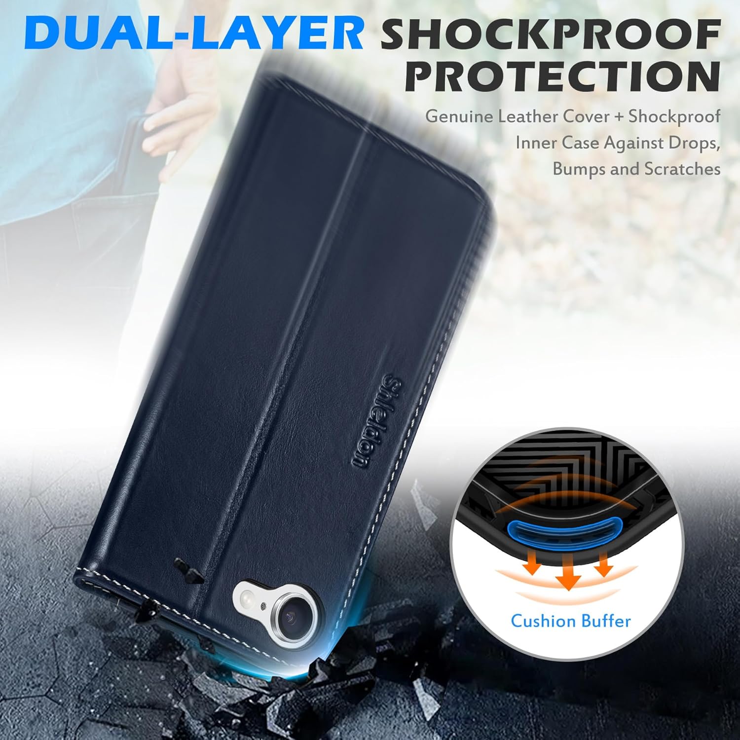 SHIELDON Wallet Case for iPhone 16e 2025, Genuine Leather Foldable Magnetic Cover Kickstand RFID Blocking Credit Card Holder Shockproof Phone Case Compatible with iPhone 16e 6.1" - Retro Dark Blue - Image 6