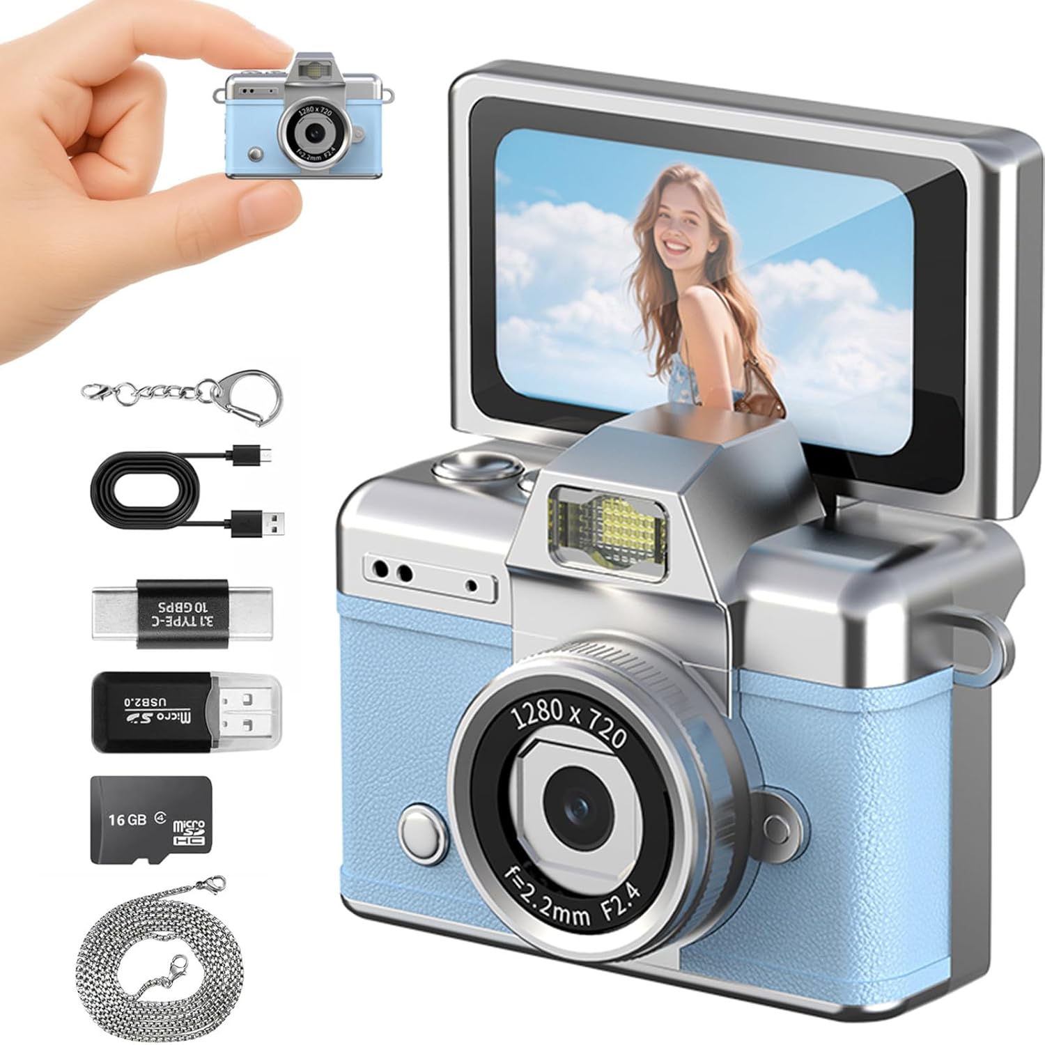 Mini Keychain Camera with Flip Screen Series,1080P HD Multiple Shooting Recording Modes, Portable Digital Camera with 16GB SD Card for Travel, Party. Ideal Pendant Gift
