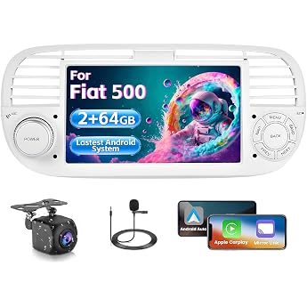 Inefala 2 + 64 GB Android 15 Autoradio f r FIAT 500 2007-2015 7 Zoll Touchscreen CarPlay 2 Din Autoradio mit Android Auto Bluetooth Mirror Link WiFi GPS RDS FM AHD R ckfahrkamera Wei