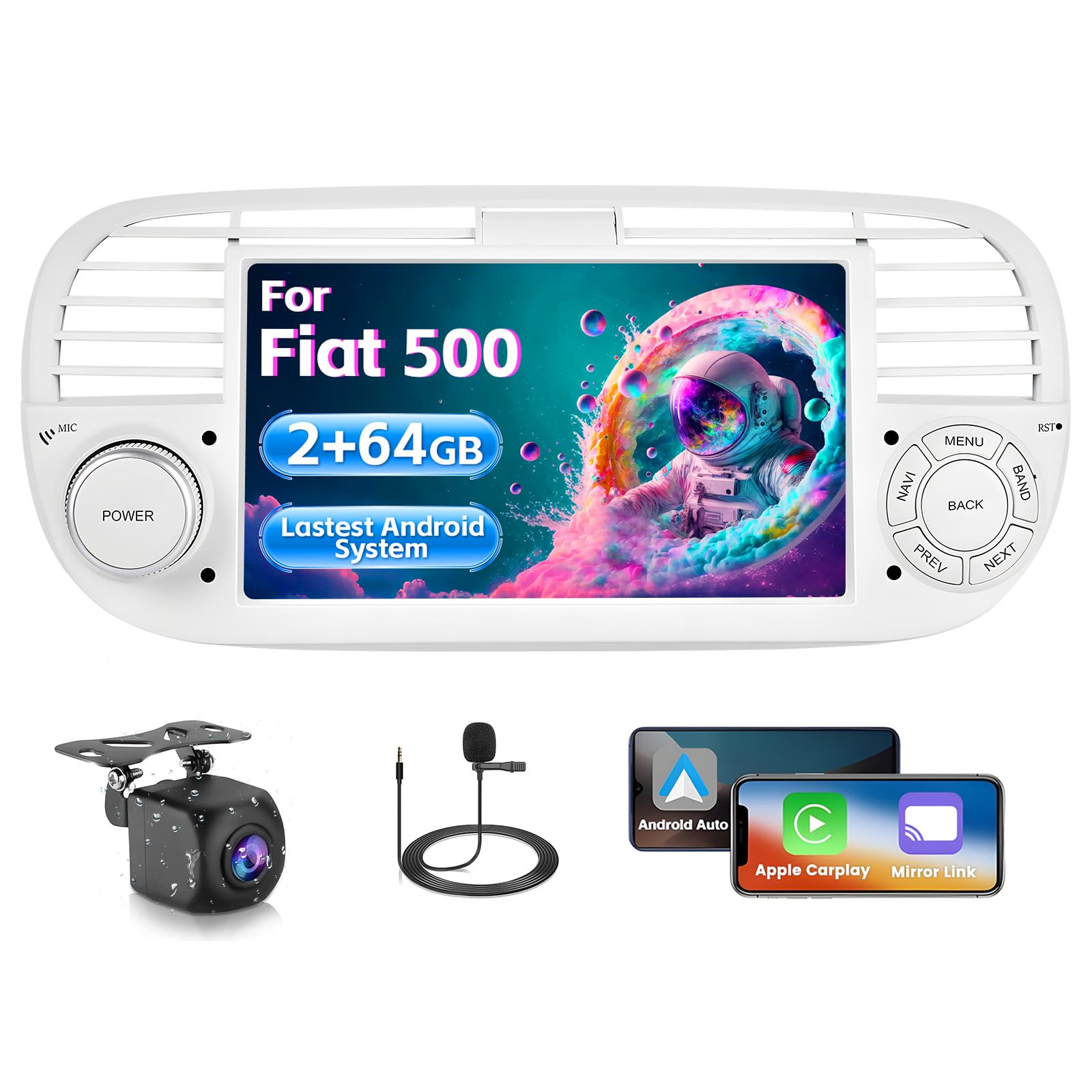 Inefala 2 + 64 GB Android 15 Autoradio für FIAT 500 2007-2015, 7 Zoll Touchscreen CarPlay 2 Din Autoradio mit Android Auto, Bluetooth, Mirror Link, WiFi, GPS, RDS FM, AHD Rückfahrkamera (Weiß)