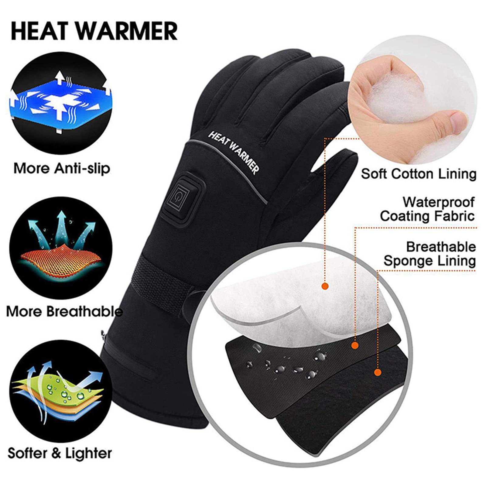 Moto Équitation Gants Chauffants Thermostat à Trois Vitesses Écran Tactile Intelligent Chauffage Électrique Résistant Au Froid Gants Épaississants de Ski Chaud,Black,L(31CM)