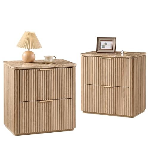 Fluted Nightstand Set of 2, Bedside Table with 2 Drawers,