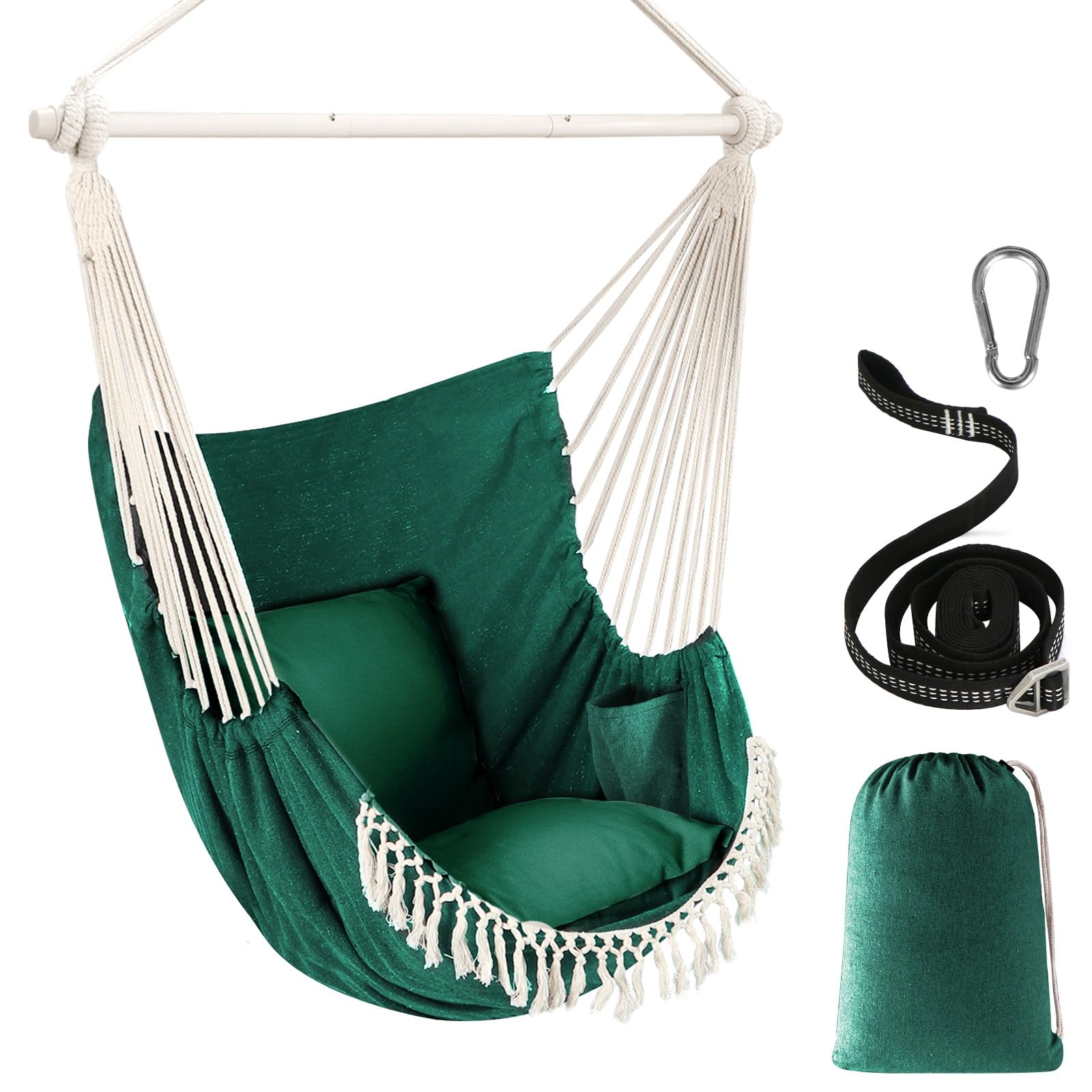 Chihee Hammock Chair Hanging Swing Max 500 Lbs 2 Cushions Included Metal Spreader Bar with Anti-Slip Grooves Portable Hanging Chair Side Pocket Large Macrame Bohemian Chair Indoor Outdoor