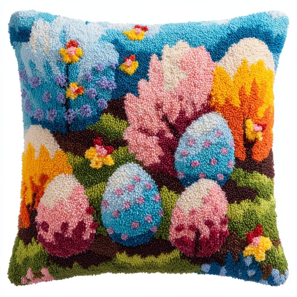 WallustrioaW Latch Hook Cushion Cover Kit,Easter Eggs in the Flower Bushes