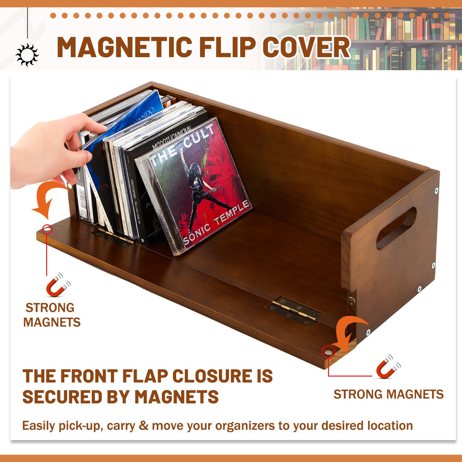 Namalu 2 Boîtes de Rangement en Bois pour CD Étagère de Rangement avec Poignées de Transport pour Boîtiers de Films DVDs Cassettes, Chaque Peut Contenir Jusqu'à 36 CDs, Marron