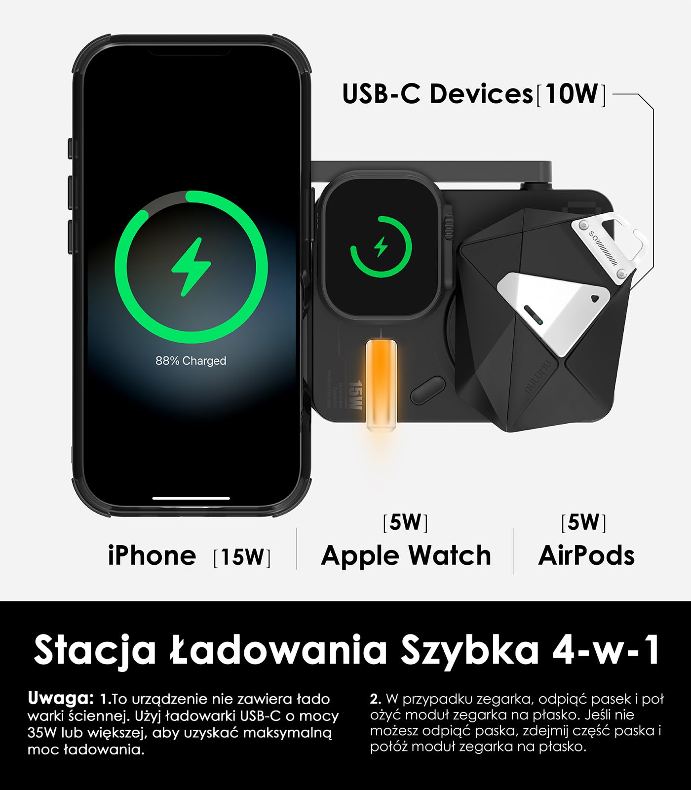 Aulumu M01 Stacja Ładowania Bezprzewodowego 4-w-1 Qi2 Compatible with MagSafe | Zaktualizowana Wersja V2 | Składany Magnetyczny Ładowarka Bezprzewodowa dla iPhone & Apple Watch/AirPods