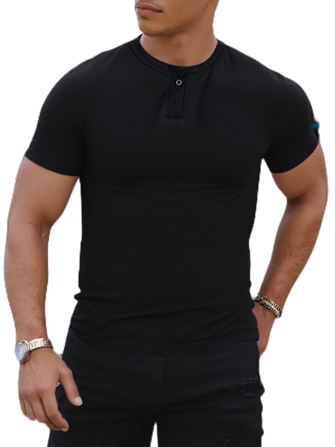 Camiseta masculina Henley gola redonda manga curta respirável cores sólidas camiseta básica